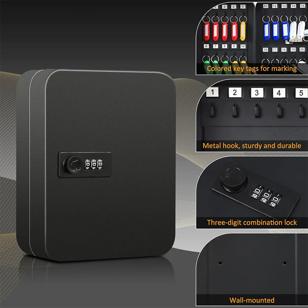 Combination Key Cabinet 20 Key Hooks Key Box Wall Mounted with Key/Code Lock Key Cabinet Security Lock Box Locking Key Cabinet