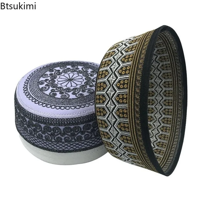 التطريز النقش عمامة القبعات الرجال تنفس الإسلامية الكوفي الصلاة قبعة عيد رمضان الحجاب بيني قبعات موضة مسلم الجمجمة القبعات #5