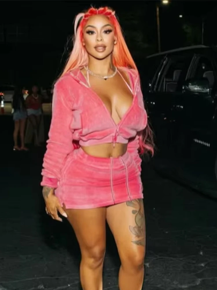 

Weird Puss Velvet 2-Piece Set Women Zip Hooded Long Sleeve Crop jacket+Drawstring Split Skirts Matching Street Matching Outfits