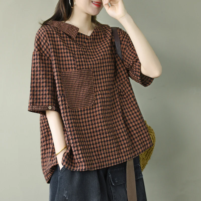 

Summer New Vintage Large Size Loose Artistic Plaid Cotton Linen Slim V Ne ort Sve T irt Women's id Flax T Top