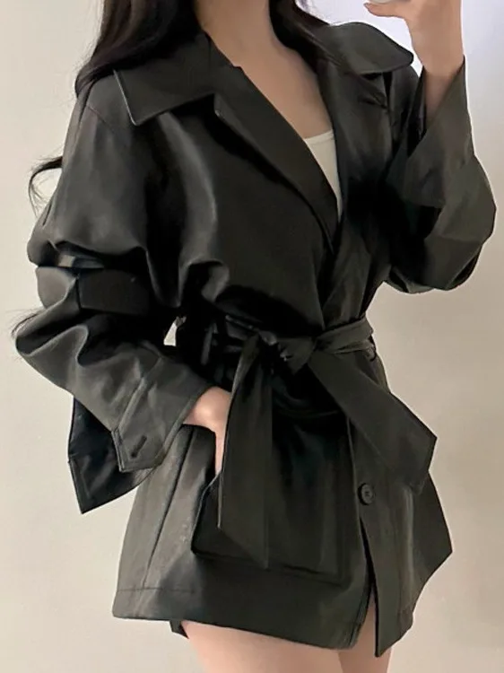 Chic Autumn Winter PU Leather Jaet Stand Collar Medium Length Trendy Women's Faion Outerwear Casual Sle Long Sve