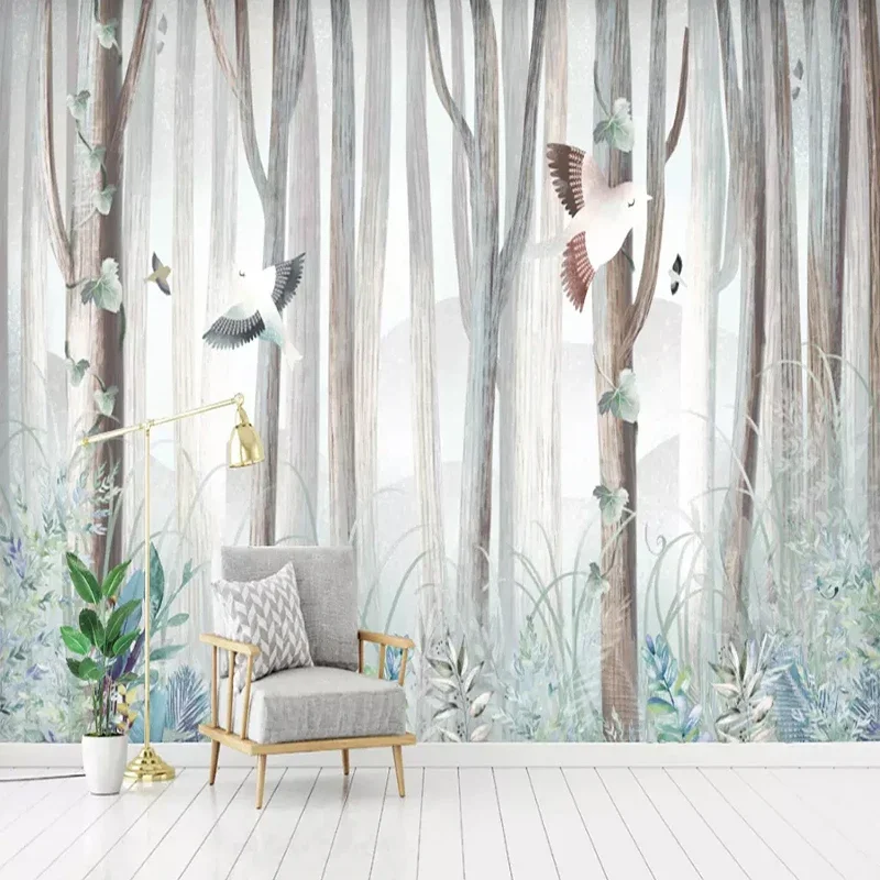 

3D Wallpaper Modern Simple Forest Tree Birds Animal Murals Living Room Cartoon Bedroom Background Wall Painting Papel De Parede