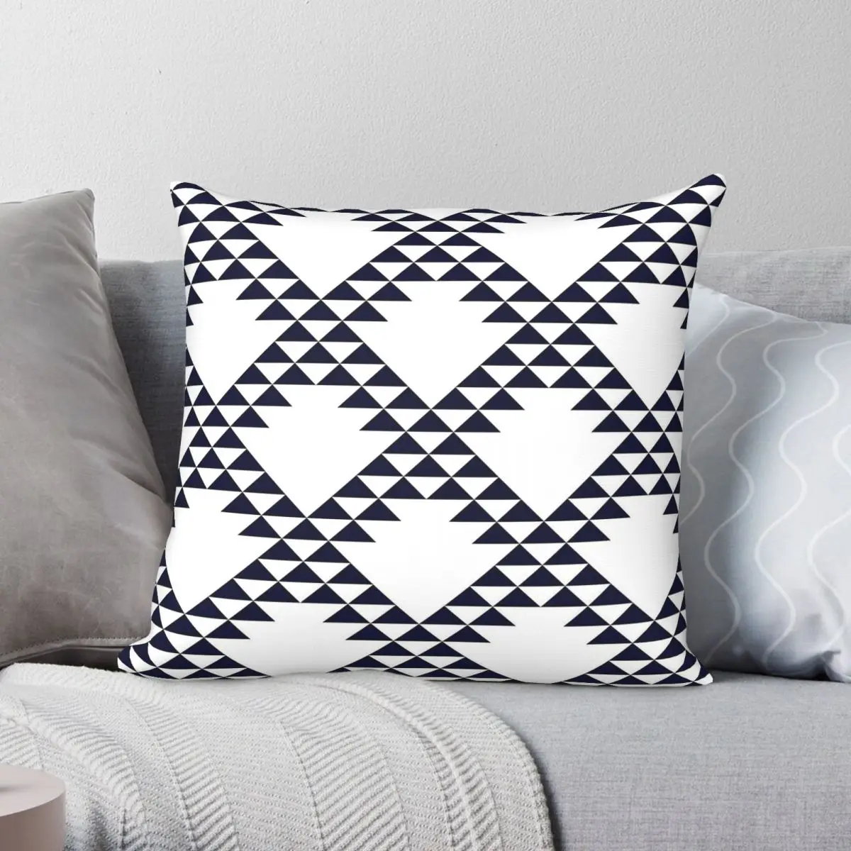 Navy Blue Triangle Lattice Diagonal Square Pillowcase Polyester Linen Velvet Printed Zip Decorative Car Cushion Cover