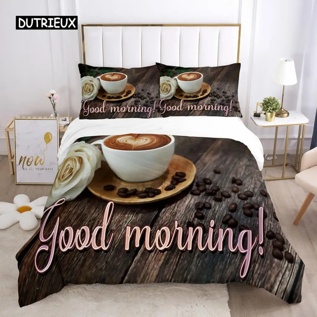 

Good Morning Duvet Cover Set Microfiber Coffee Rose Cozy Breakfast Twin Bedding Set Double Queen King Size 2/3pcs Quilt Cover