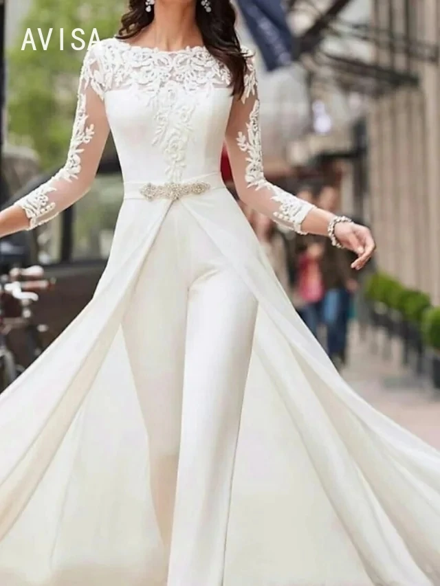 Vestido de novia elegante con apliques de tul Para Mujer, traje de boda de manga larga con cuello redondo, 2024