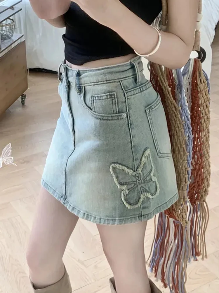 Jmprs Vintage Butterfly Denim Skirts Women High Waist Embroidery Sexy Mini Skirt Casual Retro Female Slim Elegant A Line Skirts