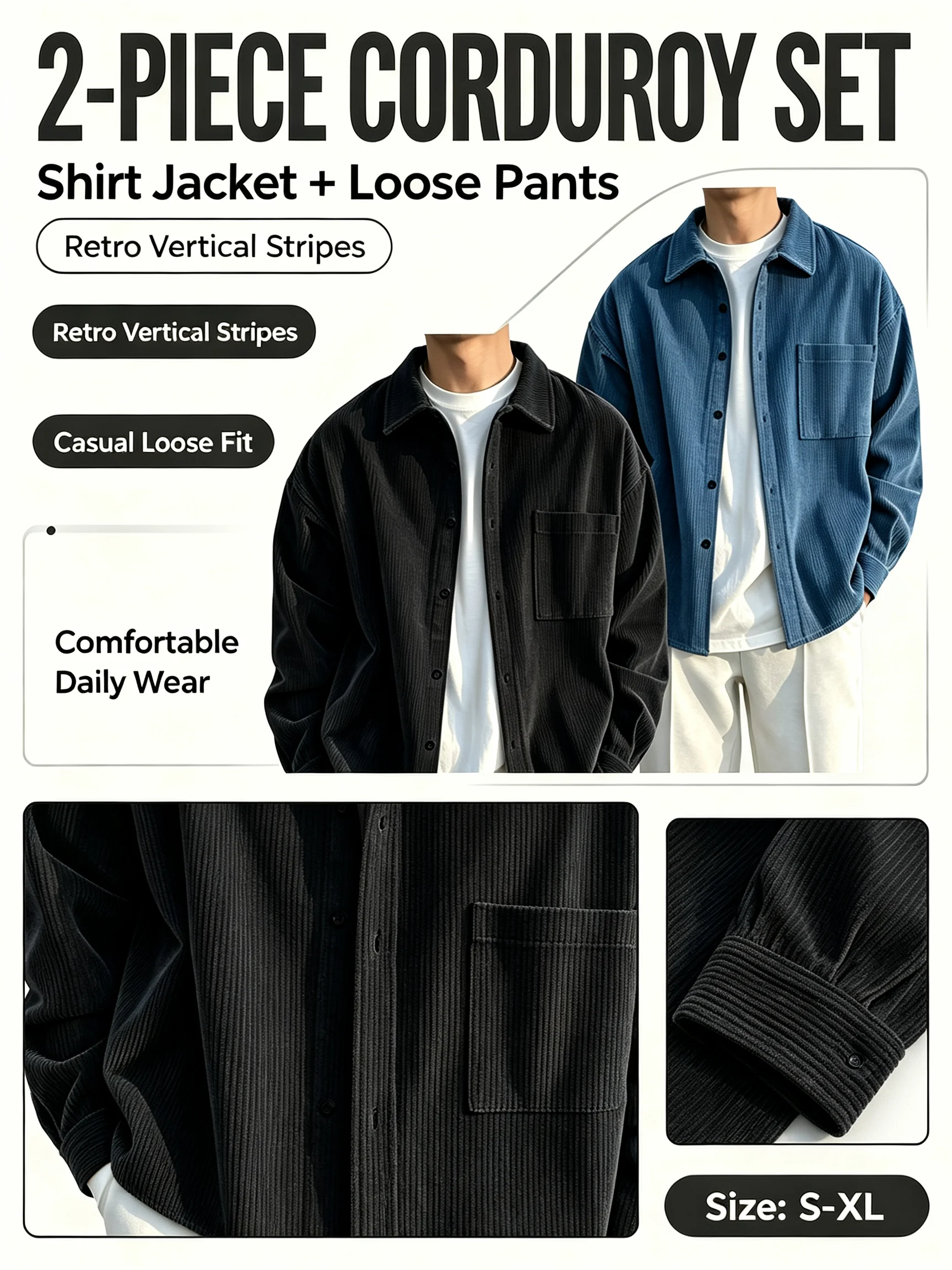 2 Pack Value Set: Package includes 2 pieces of corduroy shirt jackets, great for replacement and daily matching.