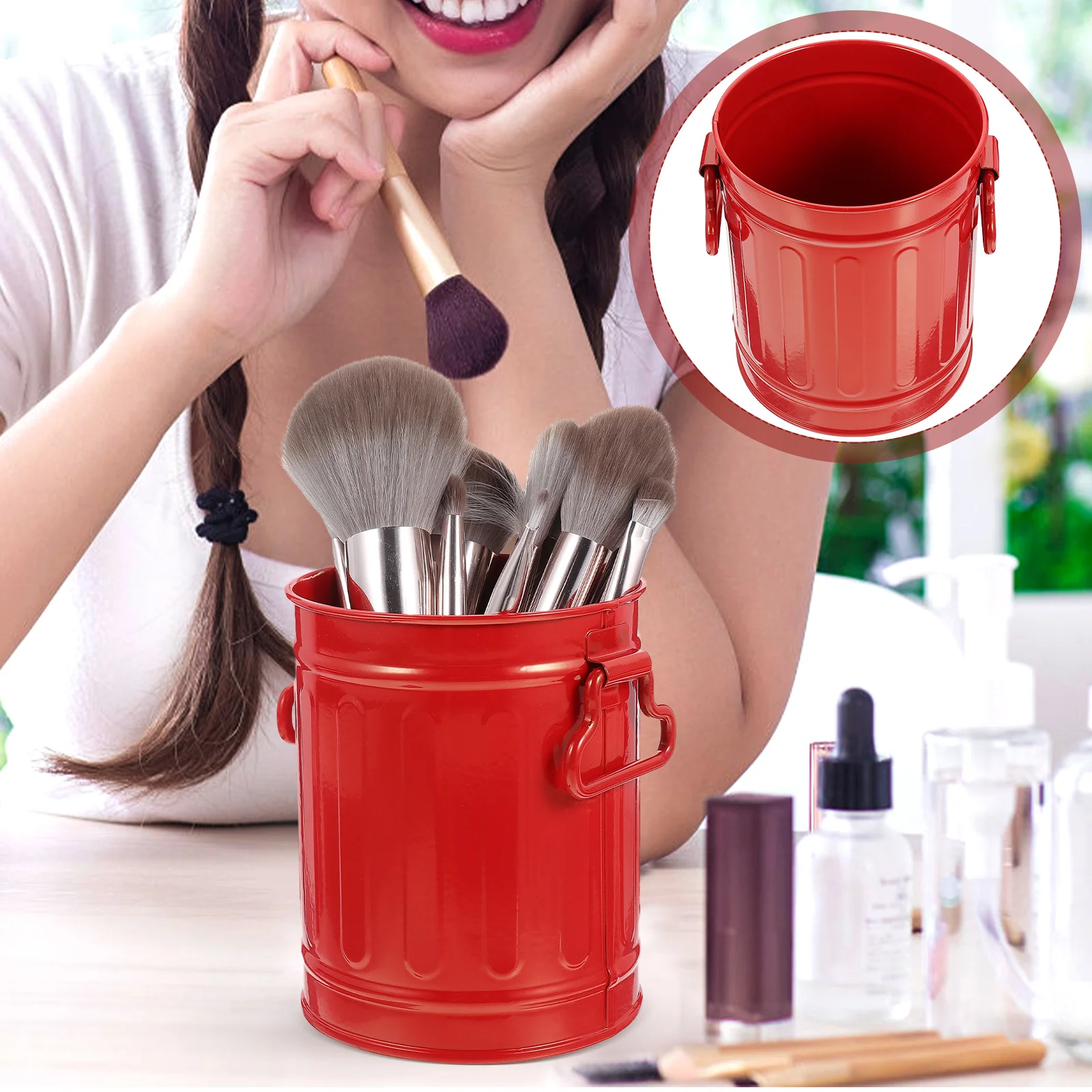 Mini Pencils Desktop Storage Bucket Trash Can for Car Brush Pot Red Iron Holder Office Garbage