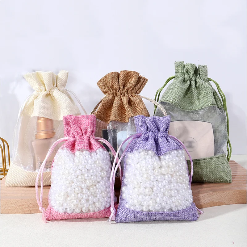 

Burlap Bags with Drawstring Pockets, Fine Jewelry Packaging Bags, Small Gift Organizer, Windowed, 100Pcs