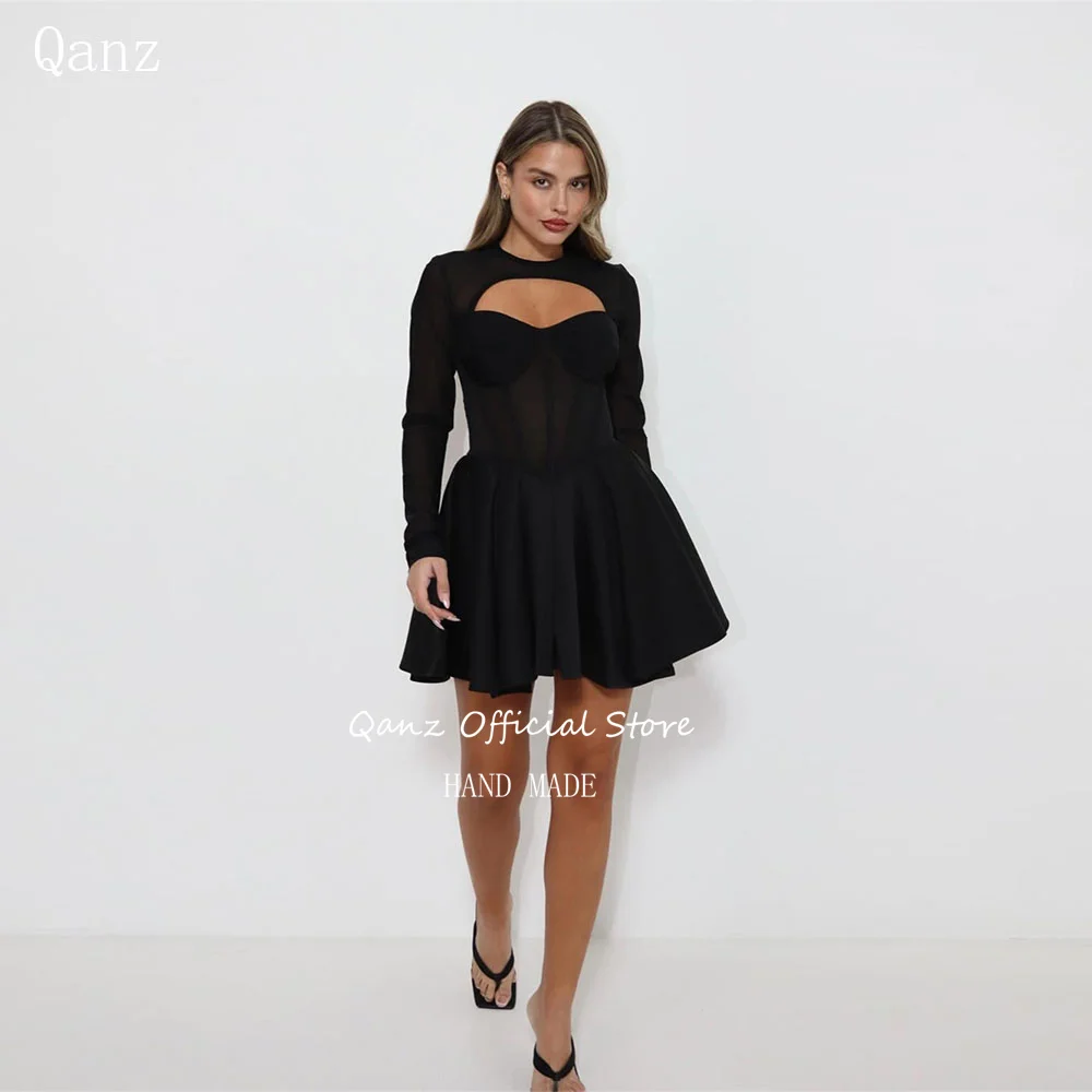 

Qanz Sexy Mini Black Prom Dresses Corset Neck Long Sleeves Robes De Cocktail Short A Line Satin Vestido Gala 2026 Customized