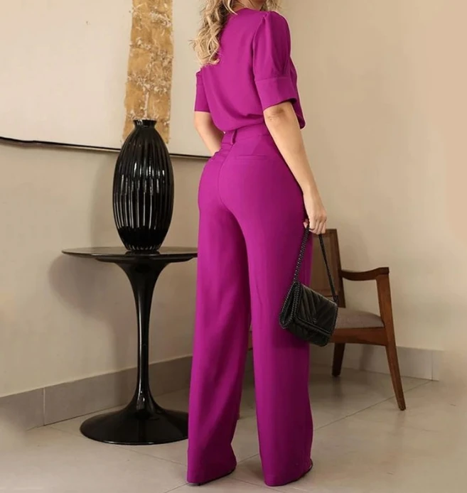 Women\'s Elegant Commuting Two-piece Set Round Neck Puff Mid Sleeved Top and Button Pocket High Waisted Straight Wide Leg Pants