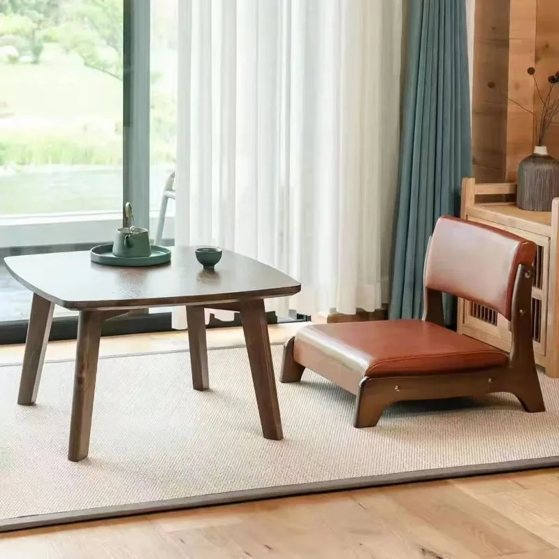 Solid Wood Handcrafted Bay Window Chair Japanese Tatami Balcony Seat Compact Floor Recliner Backrest