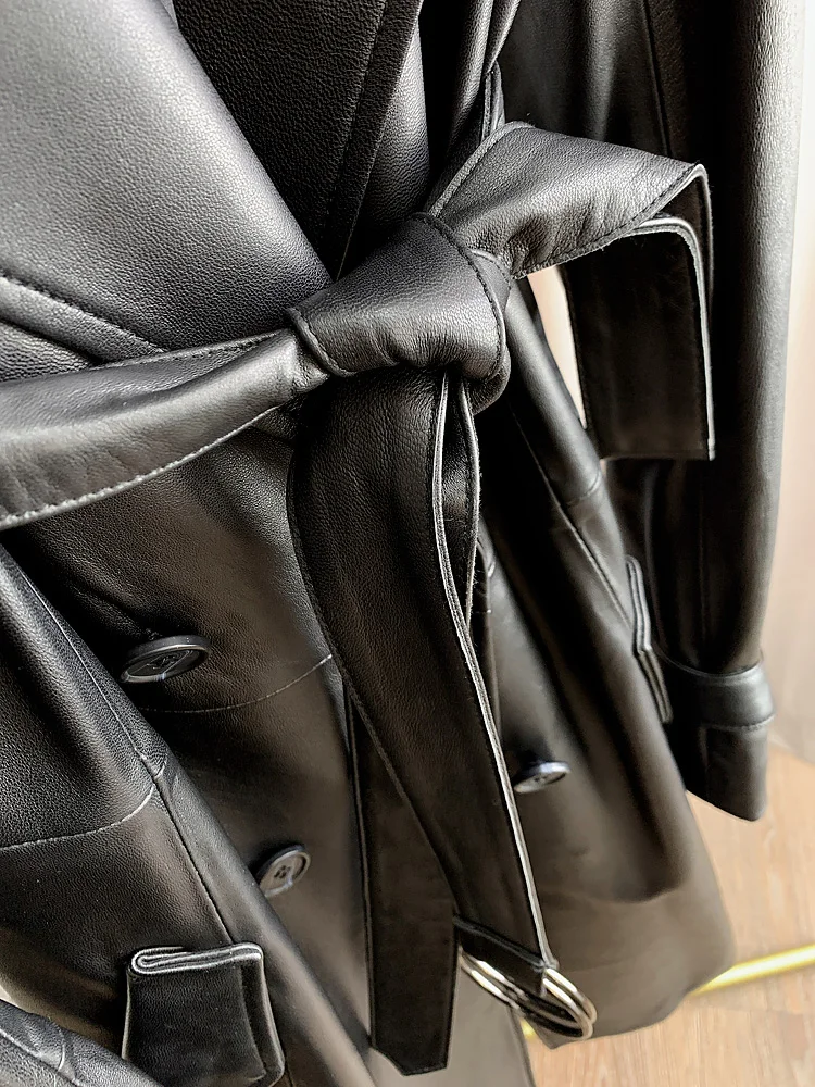 Lautaro Spring Autumn Long Fitted Black Faux Leather Trench Coat for Women Belt Double Breasted Fashion 2022 Runway Raincoat