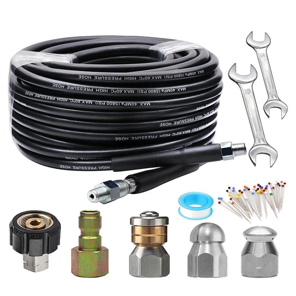 

30m M22-1/4 Sewer Jetter Kit for Pressure Washer 5800PSI Drain Cleaner Hose 1/4 Inch NPT Corner Rotating and Button Nose Sewer