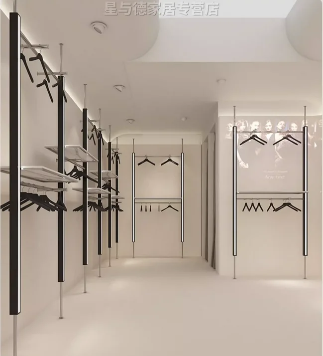 Clothing store display shelves, wall columns, display shelves with lights, illuminated hanging clothes racks