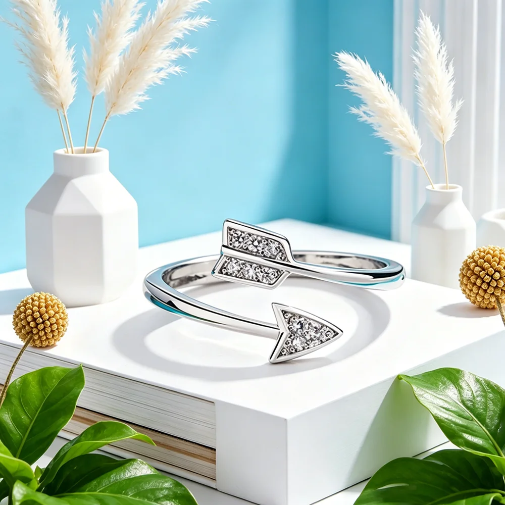 Shinning Rhinestone Arrow Opening 925 Sterling Silver Unisex Ring For Women Men Korean Trend Ring Lovers Couples Jewelry