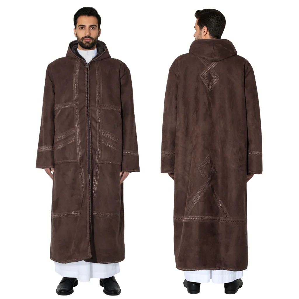 

Зимний утепленный мужской мусульманский халат-бишт из замшевого бархата для молитв, теплый кардиган, джеллаба, исламская джубба, тобе, абайя с капюшоном