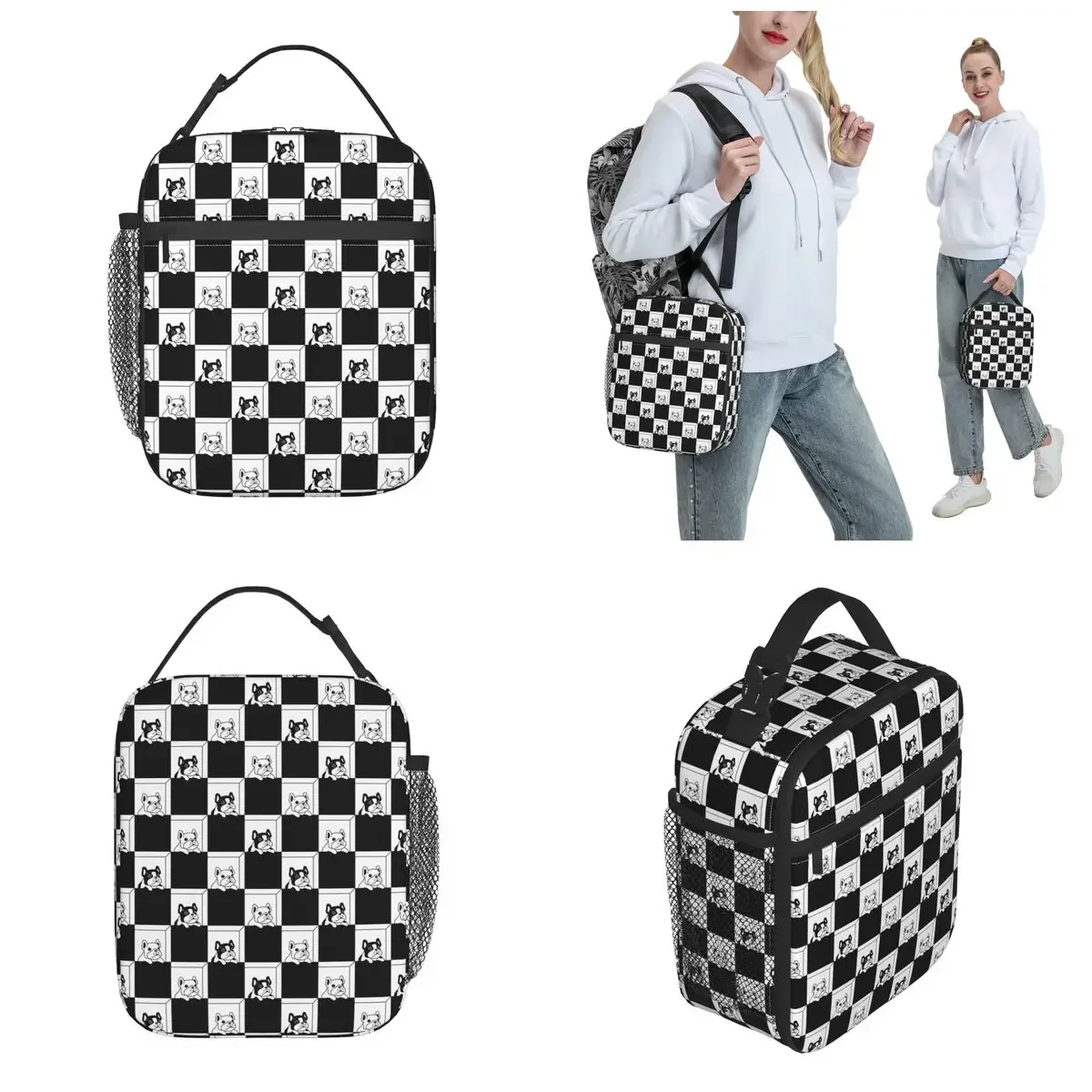 Dog French Bulldog Pet Puppy Insulated Lunch Tote Bag Black White Chess Style Food Box Reusable Thermal Cooler Bento Box School