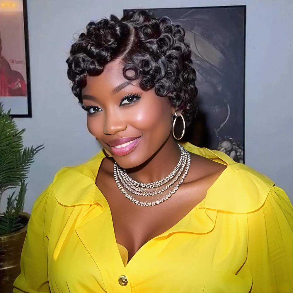 Chioma Lockige Pixie-Cut-Perücke 13X4 Full Lace Frontal Perücke Kurzer Bob Echthaarperücken für Frauen Kleberlose Lace-Perücke mit vorgezupftem Haaransatz – Detail 5
