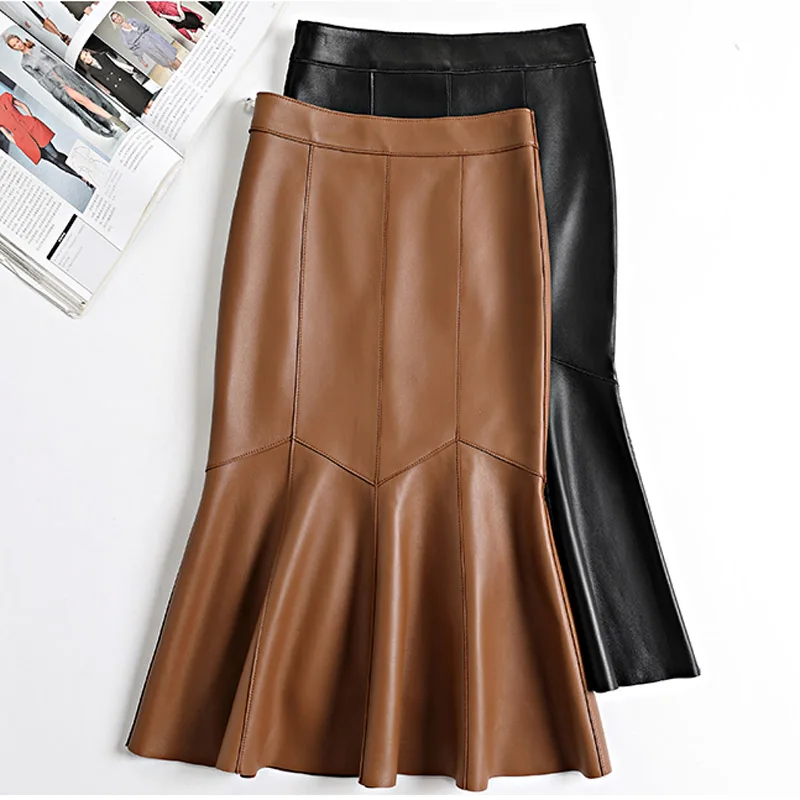 

Genuine Leather High Waist Fishtail Skirt Female Orange/Black Patchwork Wrap Jupe Mujer 70 cm Long Mid-Calf