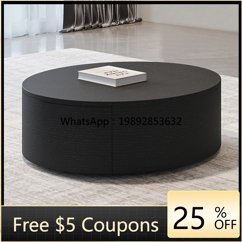 LYY Modern Minimalist Black Small Apartment Home Living Room Coffee Table Minimalist Round Double Drawer Solid Wood