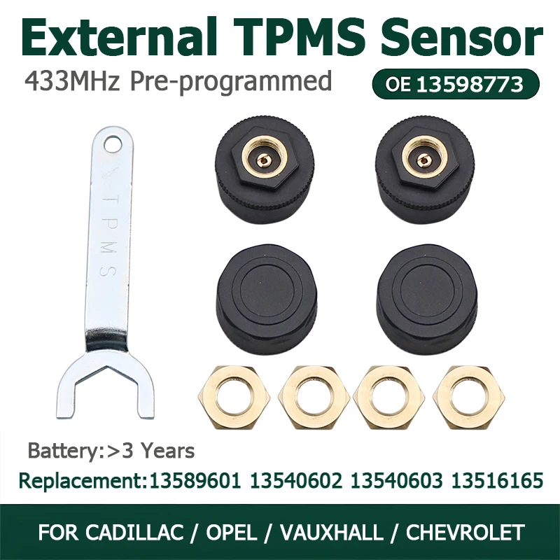 Externer TPMS-Sensor 13598773 13589601 13540602 13540603 13516165 13594222 433MHz für Cadillac CT6 XT5 SRX Chevrolet Malibu Opel