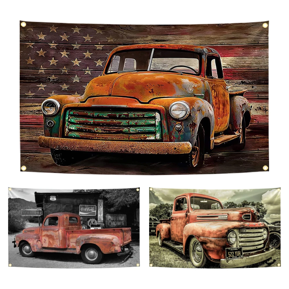 90x150cm Classic Truck Retro Route 66 Poster Flag Polyester Decoration Motor Car Man Cave Garage Pub Club Banner Tapestry