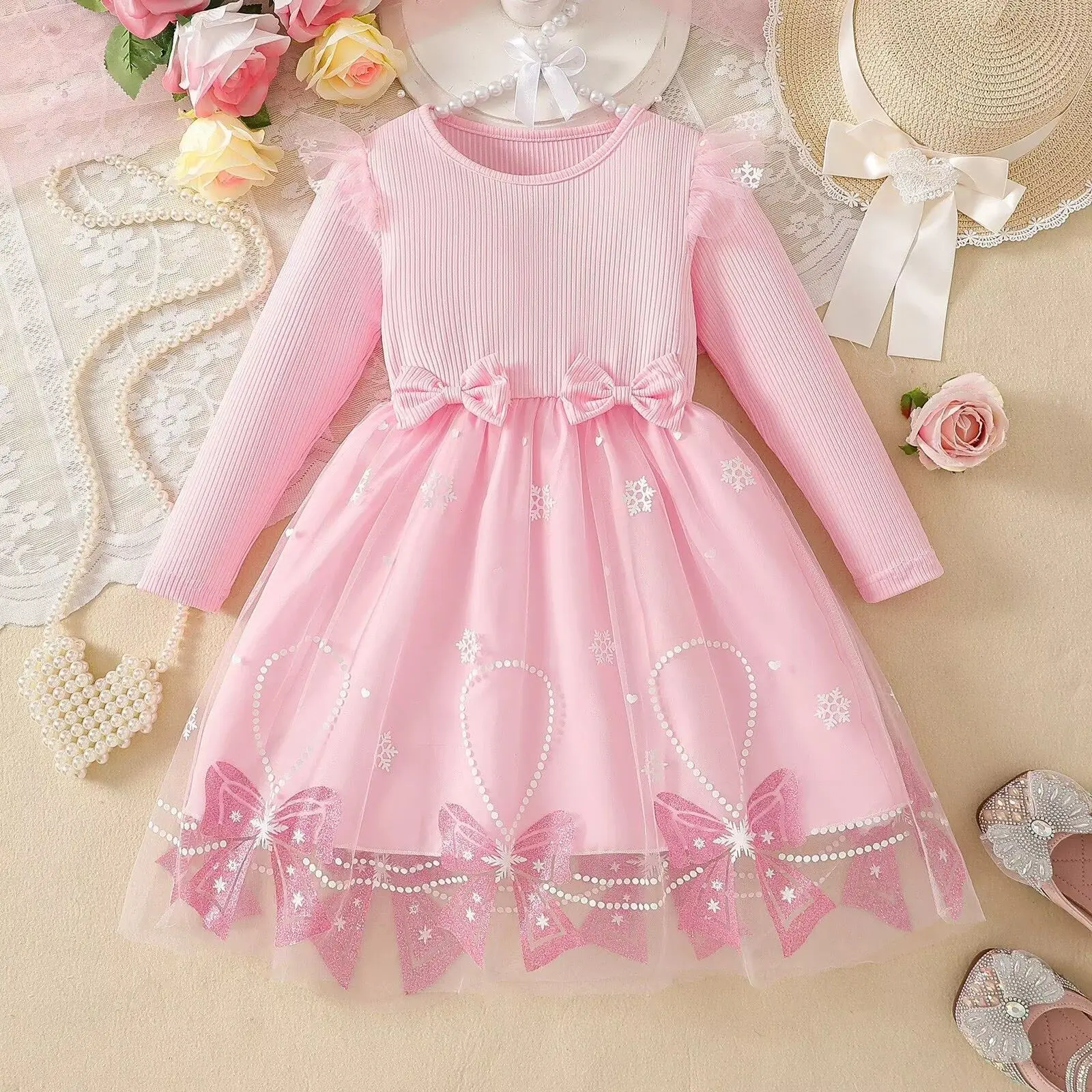 Girls Spring Fall Beautiful Elegant Party Dress New Stylish Kids Girl Skirt Bow Fashionable Mesh Princess