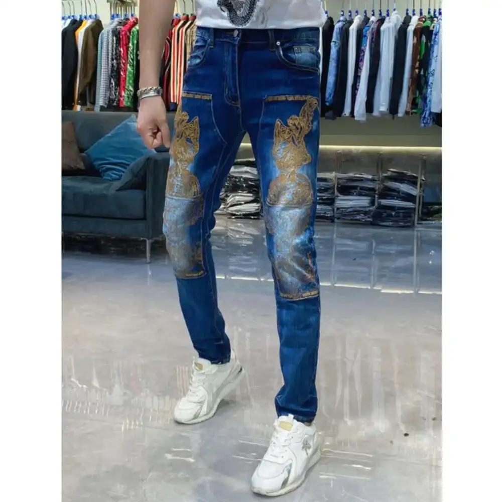 Men\'s Dedicated Gold Embroidery Front Patch Pants Slim Fit Washed Blue Jeans Stretchable Skinny Fit Party Pantalones Streetwear