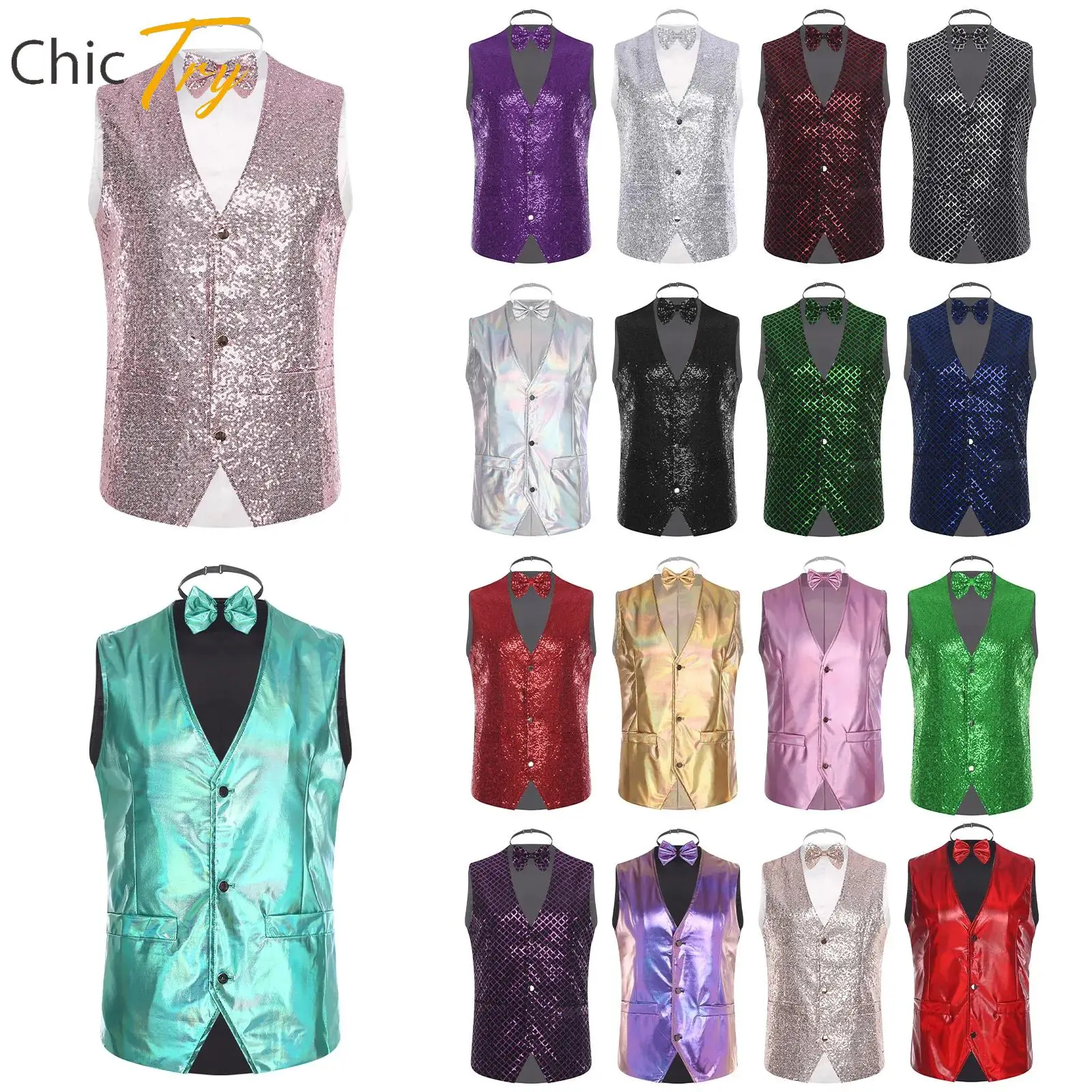 

Adult Mens Disco Dance Shiny Vest Sleeveless Pointed Hem Button-down Waistcoat with Bow Tie Dress-up Party Gentleman Blazer Vest