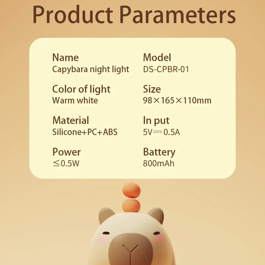 Luz nocturna de dibujos animados Capybara recargable por USB, luz nocturna de silicona, temporizador de atenuación, lámpara de decoración de