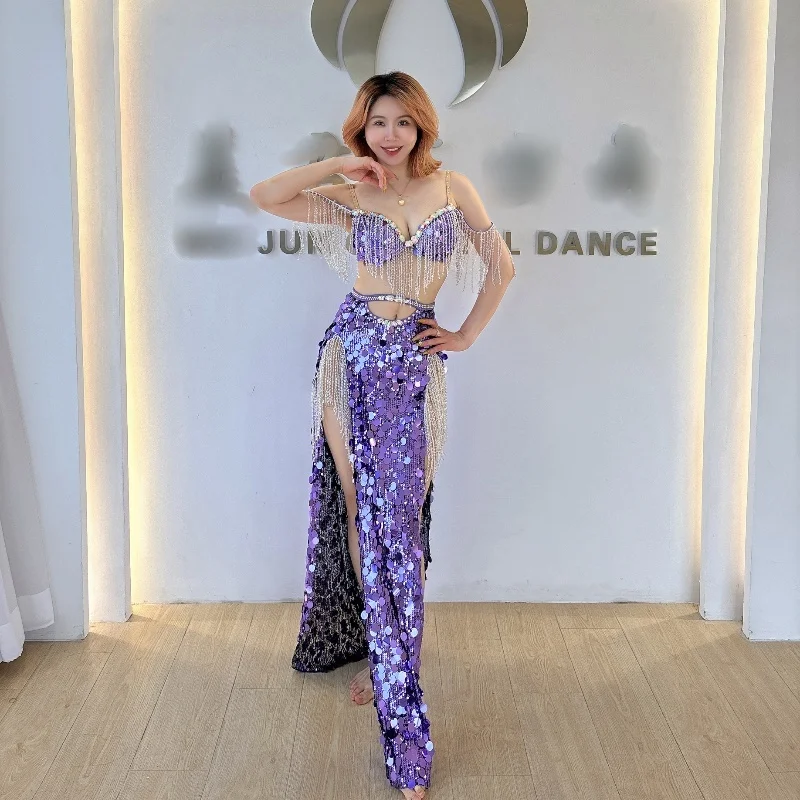 New BellyDance Performance Costume Women's Customized Luxury Diamond Bra+Sequin Tassel Skirt Set Oriental Dance Competition Suit