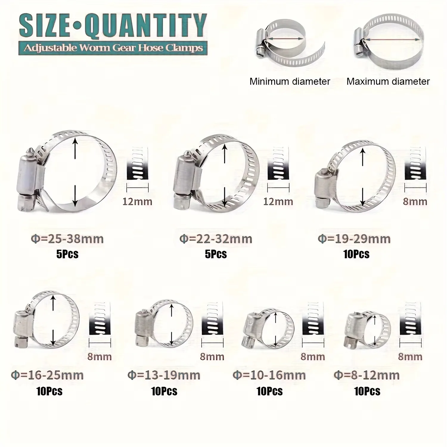 60 pçs 8-38mm ajustável de aço inoxidável parafuso banda braçadeiras de mangueira de combustível do carro braçadeiras de tubulação braçadeira de engrenagem sem fim clipe braçadeira de mangueira