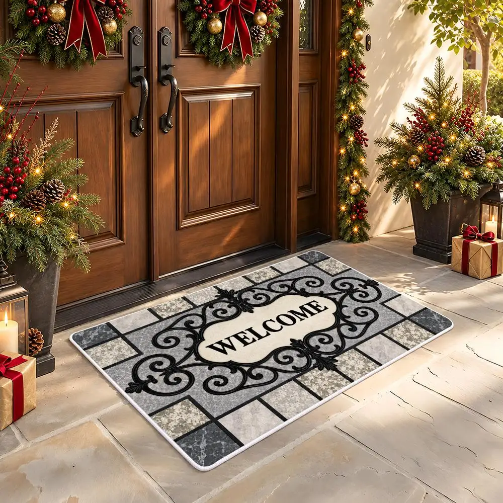 Ornate Tile Welcome Floor Mat Soft Flannel Floor Mat Cloud Feel Non-slip Bath Rug Machine Washable Foam Carpet Door Mat 3
