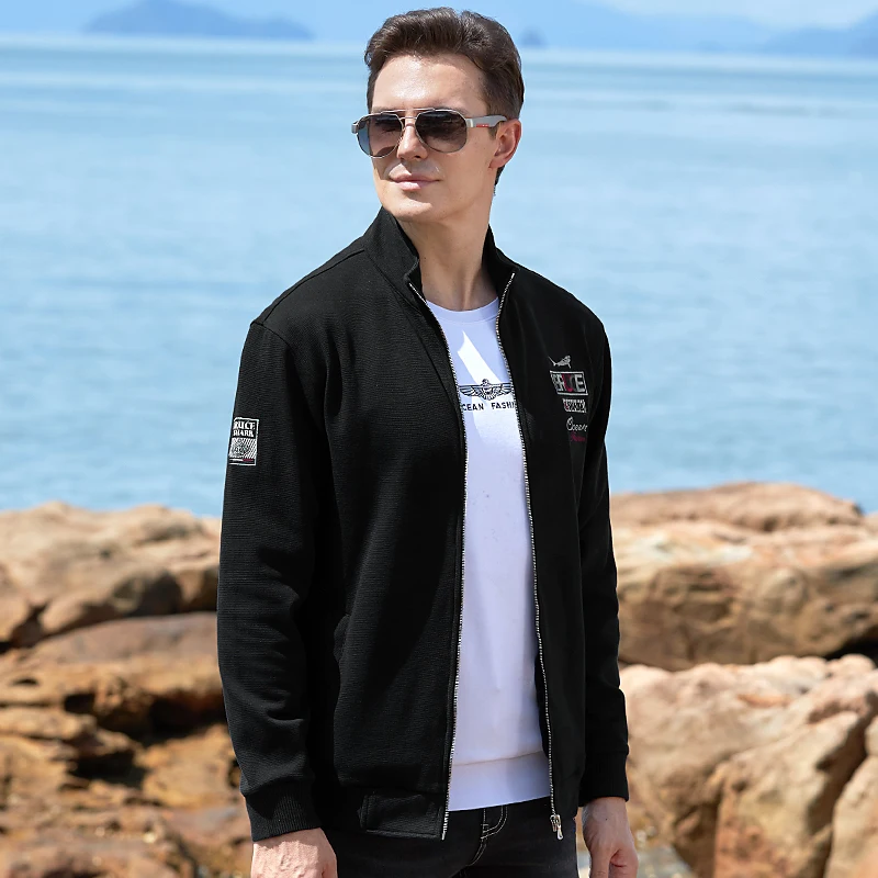 2025 Men's Thicken Cotton Sweater Autumn Bruce&Shark New Fashion Stand-up Collar Men's Knit Outwear Man Base Coat Black Big Size