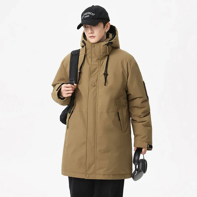 한국 스타일 면 라이너 후드 파카, 두껍고 긴 작업복, 젊음 활력, 남성용 면 의류