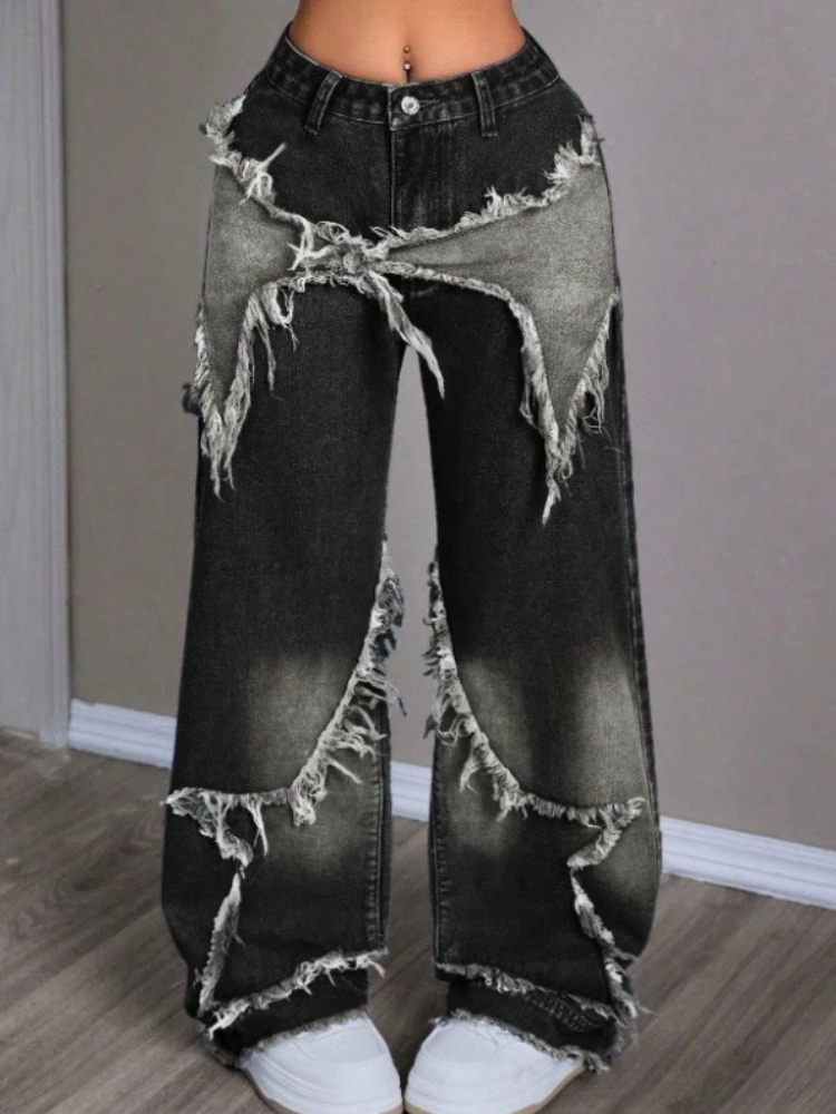 HOUZHOU Vintage Y2k Gray Jeans Women Star Patchwork 90s Gothic Denim Trousers Harajuku 2000s Black Baggy Jean Pants Aesthetic