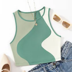 Women's Heart Print Sleeveless Round Neck Rib Knit Crop Tank Top Splicing Colors Crop Top Backless Top Y2k Sexy Vest Summer 2024