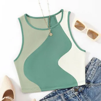 Damen-Tanktop mit Herzdruck, ärmellos, Rundhalsausschnitt, Rippstrick, bauchfreies Tanktop, Spleißfarben, bauchfreies Top, rückenfreies Top, Y2k, sexy Weste, Sommer 2024