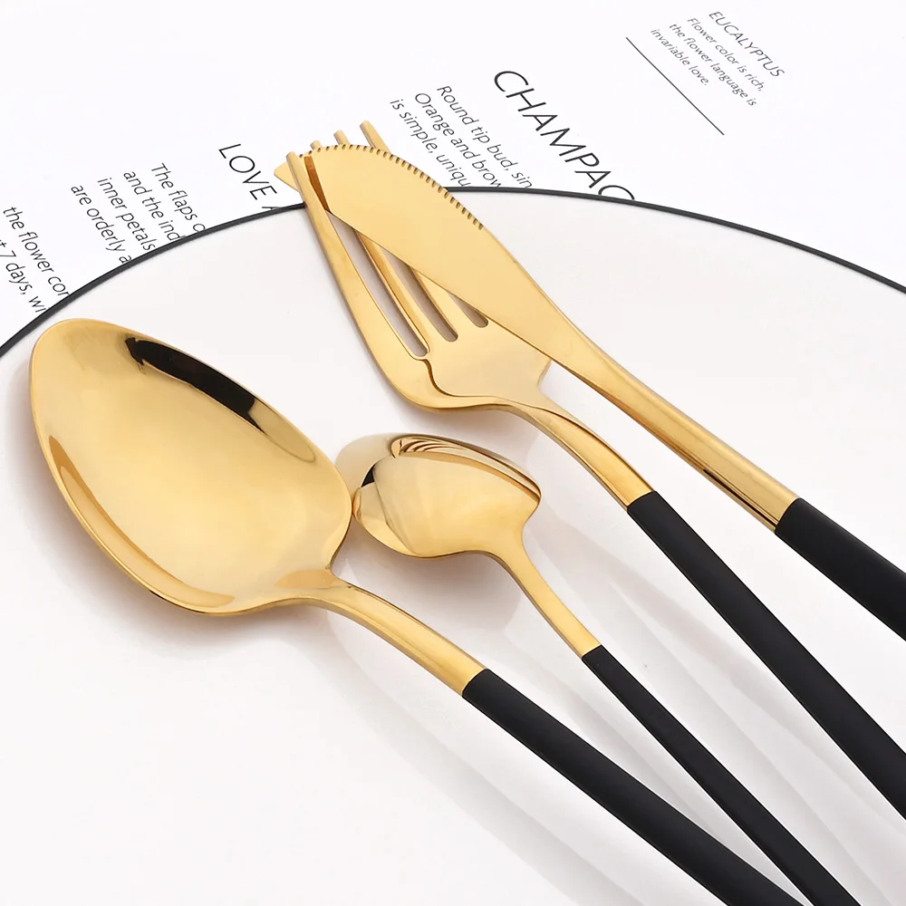 24Pcs Gold Dinnerware Set 18/10 Stainless Steel Cutlery Set Knife Fork Spoon Mirror Golden Tableware Set Kitchen Silverware