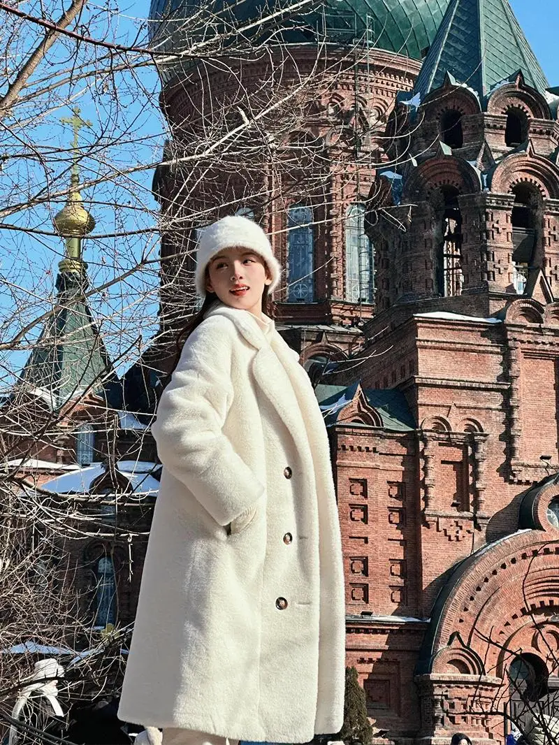 

Утепленное мужское пальто из овечьего бархата с двубортной застежкой, теплая шерстяная верхняя одежда, осенне-зимнее модное длинное пальто из кроличьего меха