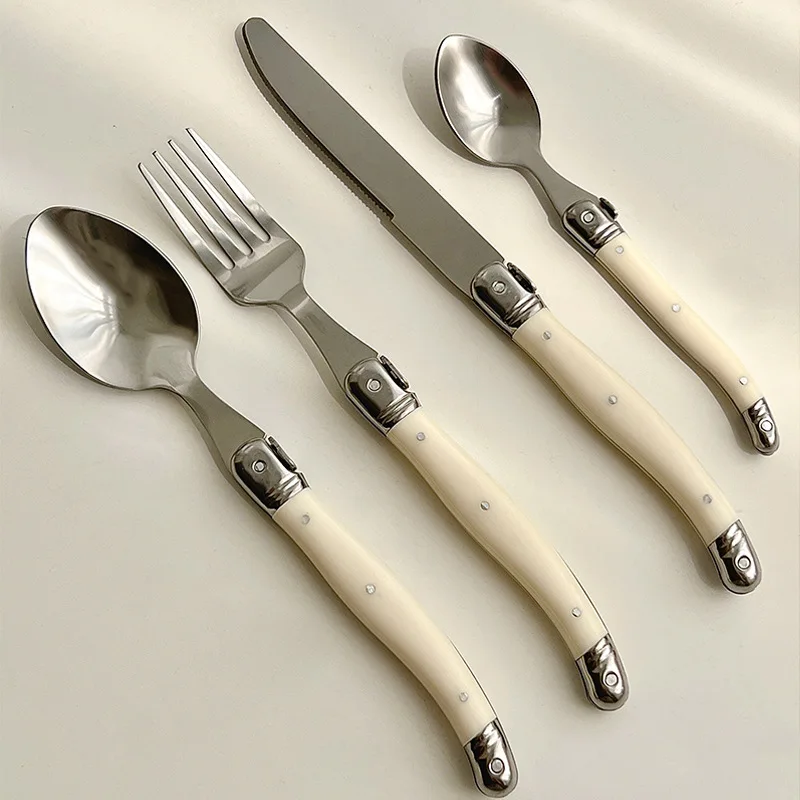 Laguiole Cutlery Set Steak Knife Fork Soup Tea Spoon Ivory White Plastic Handle Food Grade Stainless Steel Dinnerware 4/6/24Pcs