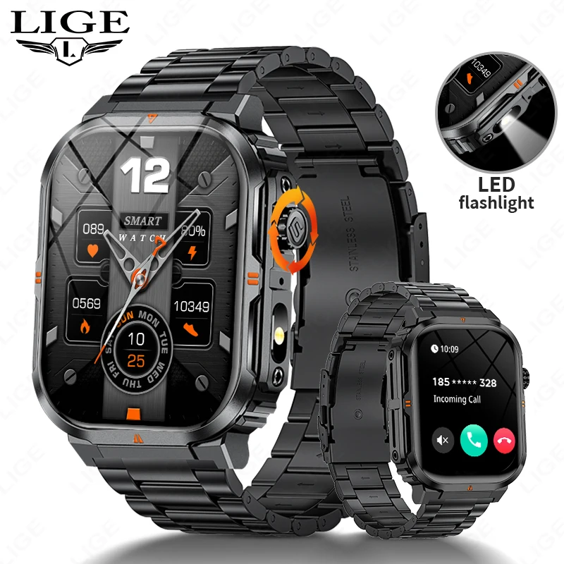 

LIGE новые умные часы мужские светодиодные фонарики военные спортивные часы 2,01-дюймовый экран монитор здоровья Bluetooth вызов водонепроницаемые умные часы
