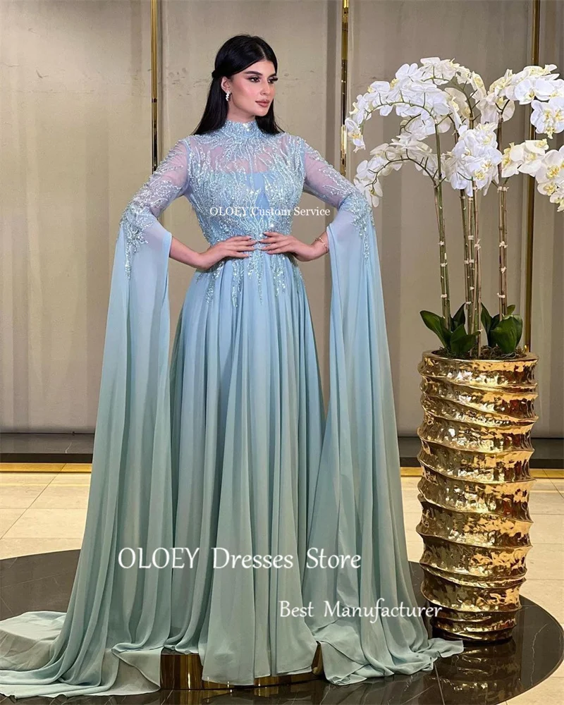 OLOEY Glitter Sequin Lace Chiffon Dubai Arabic Evening Dresses Long Sleeves High Neck Modest Dusty Blue Formal Prom Gowns