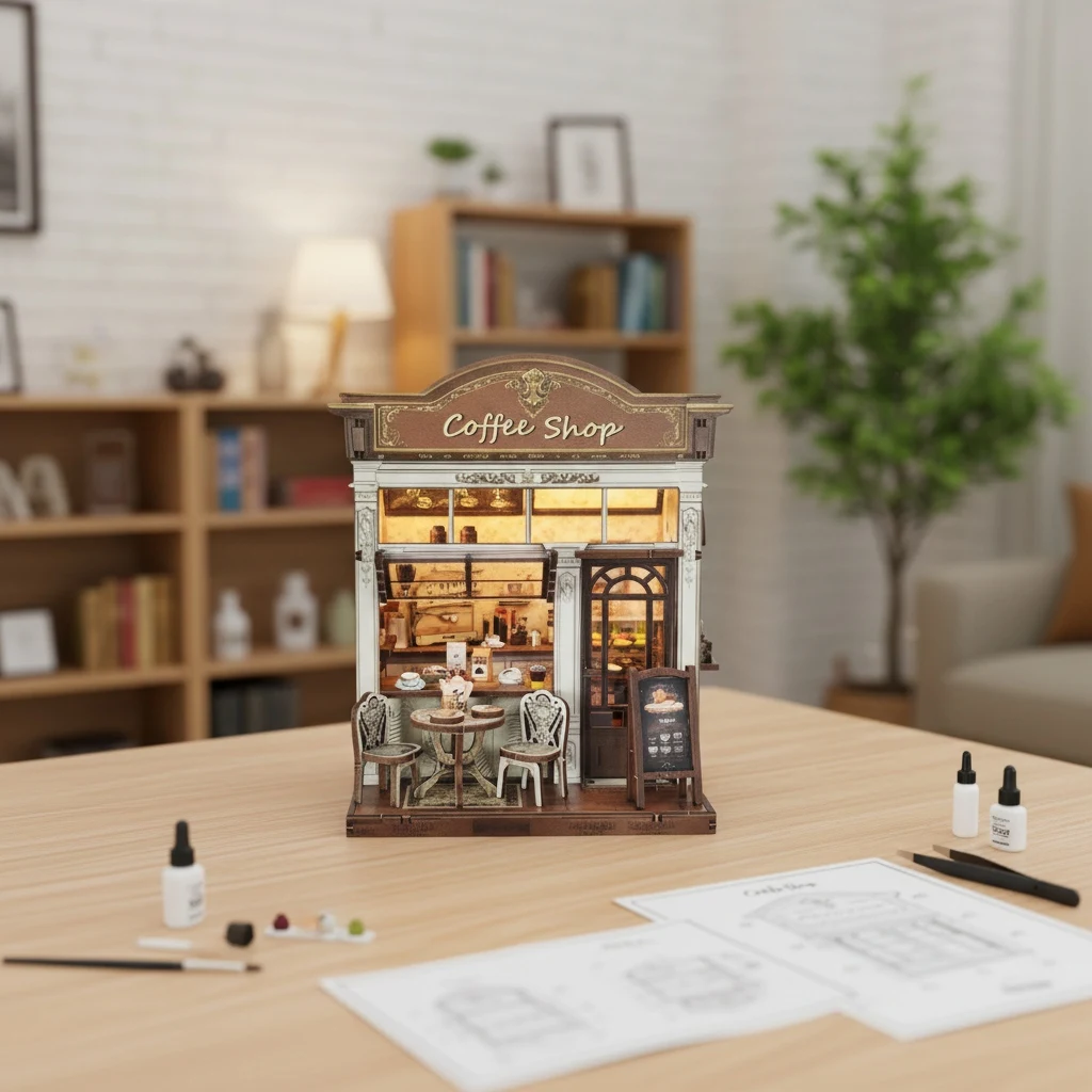 مجموعة منزل مصغرة DIY "عداد المقهى" ثلاثية الأبعاد من OUZEY - نموذج مقهى خشبي، هدية تجميع ألغاز إبداعية #3