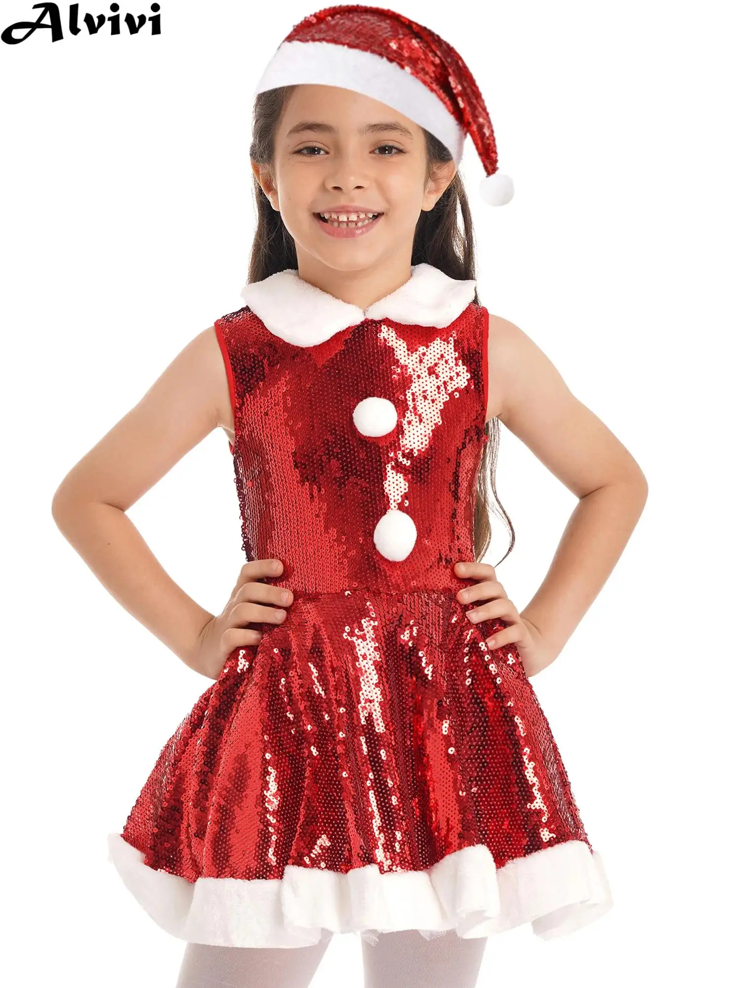 Crianças meninas festa de natal dança desempenho vestido sem mangas lantejoulas brilhantes tutu com chapéu conjunto natal ano novo cosplay traje