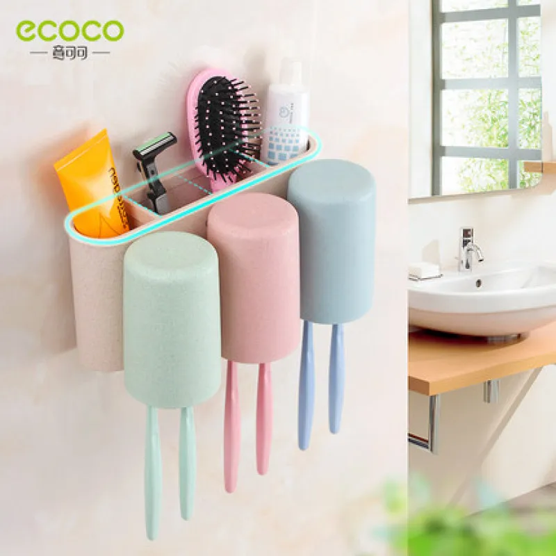 ECOCO Automatic Toothpaste Squeezer Bathroom Mouthwash Cup Toothbrush Holder Toiletries Rack Couple Set Family Shelf Wall Mount