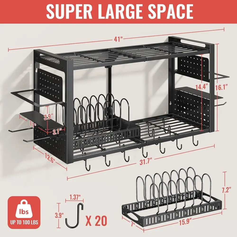 2-Tier Wall-Mounted Pot Rack, 20-Hook Kitchen Organizer with Pan & Spice Storage, Heavy-Duty Black Cookware Hanger