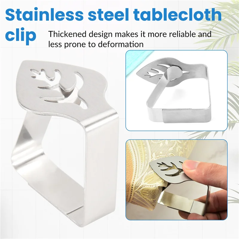 N89R 8 Pcs Silver Stainless Steel Tablecloth Clip Creative Leaf-Shaped Table Fixing Clip Thickened Non-Slip Tablecloth Rack