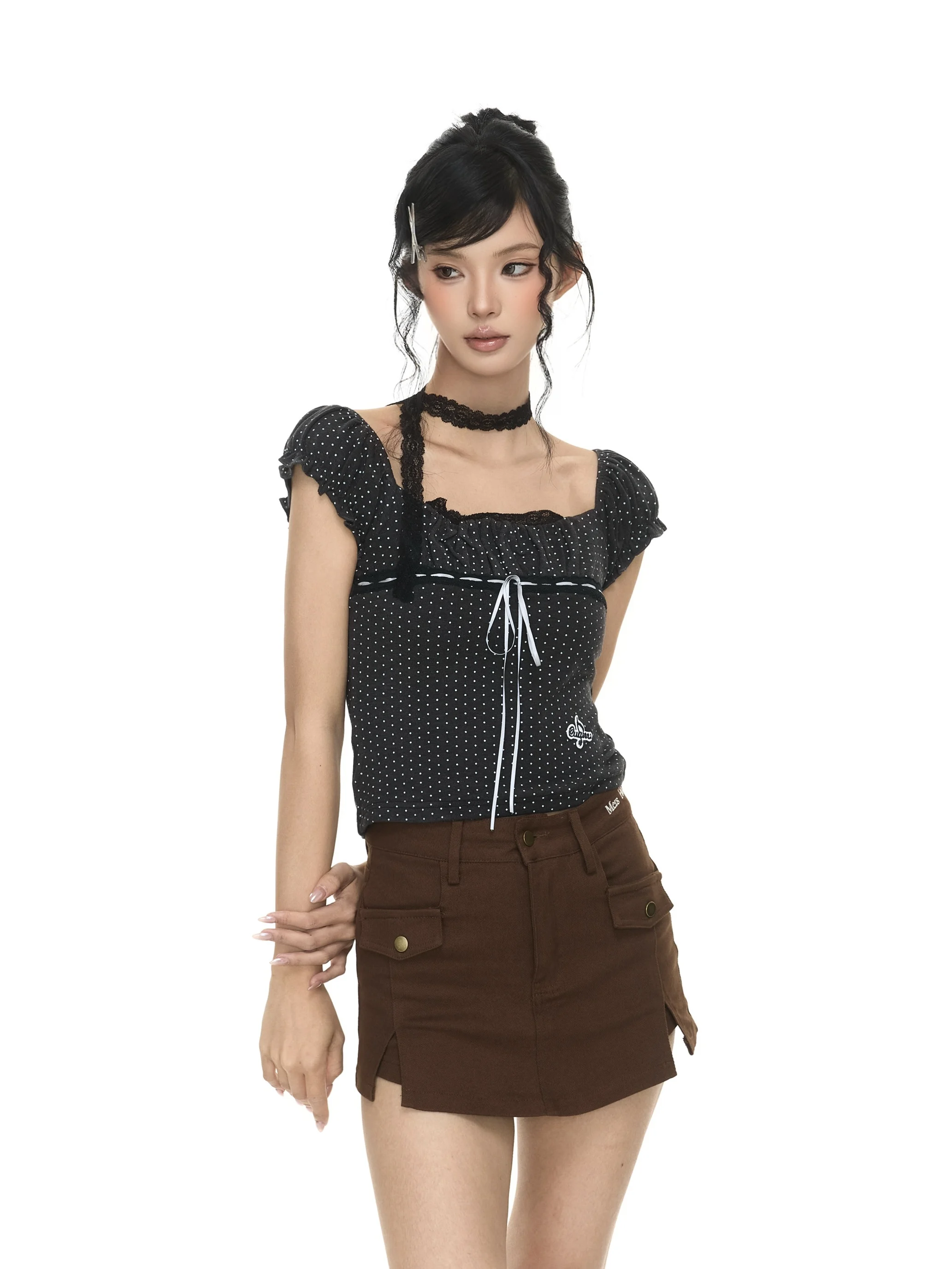 

Sweet Island Style Women's T-Shirt Short Sleeve One-Shoulder Bubble Sleeve Floral Lace Trim Summer Slim Fit T-Shirt
